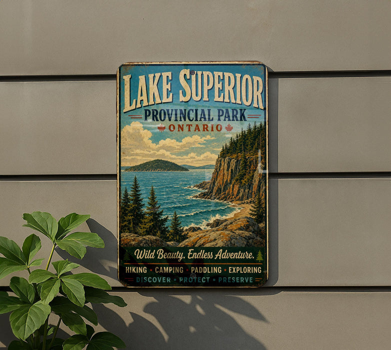 A vintage-style sign for Lake Superior Provincial Park, Ontario, featuring a scenic landscape with a mountain, ocean, and pine trees.