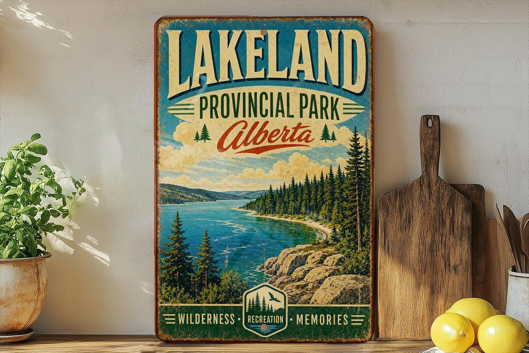 A vintage-style sign for Lakeland Provincial Park, Alberta, featuring a scenic landscape with pine trees, a lake, and mountains.