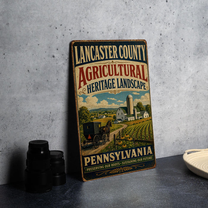 A vintage-style sign for Lancaster County, Pennsylvania, advertising the agricultural heritage landscape, with a farm scene and a horse-drawn carriage.