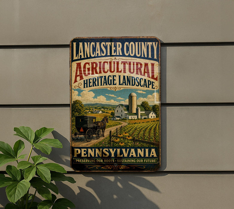 A vintage-style metal sign for Lancaster County, Pennsylvania, advertising agricultural heritage landscapes, with a farm scene and a horse-drawn carriage in the background.