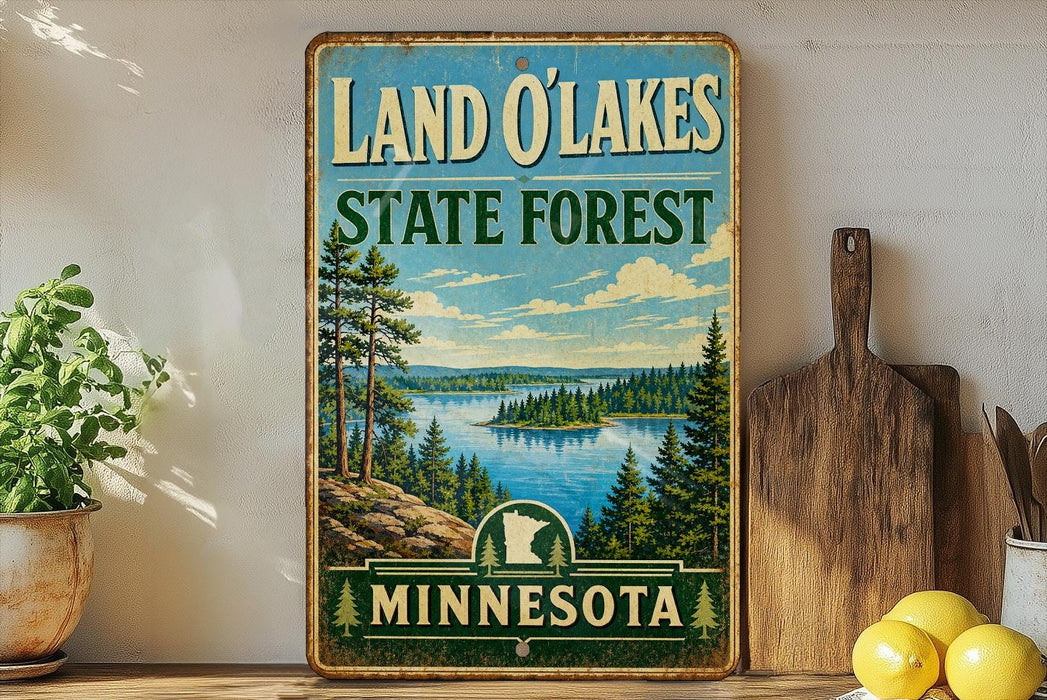 A vintage-style sign for the Land O'Lakes State Forest in Minnesota, featuring a scenic landscape with pine trees, a lake, and mountains.