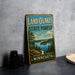 A vintage-style sign for the Land O'Lakes State Forest in Minnesota, featuring a scenic landscape with pine trees, a lake, and mountains.