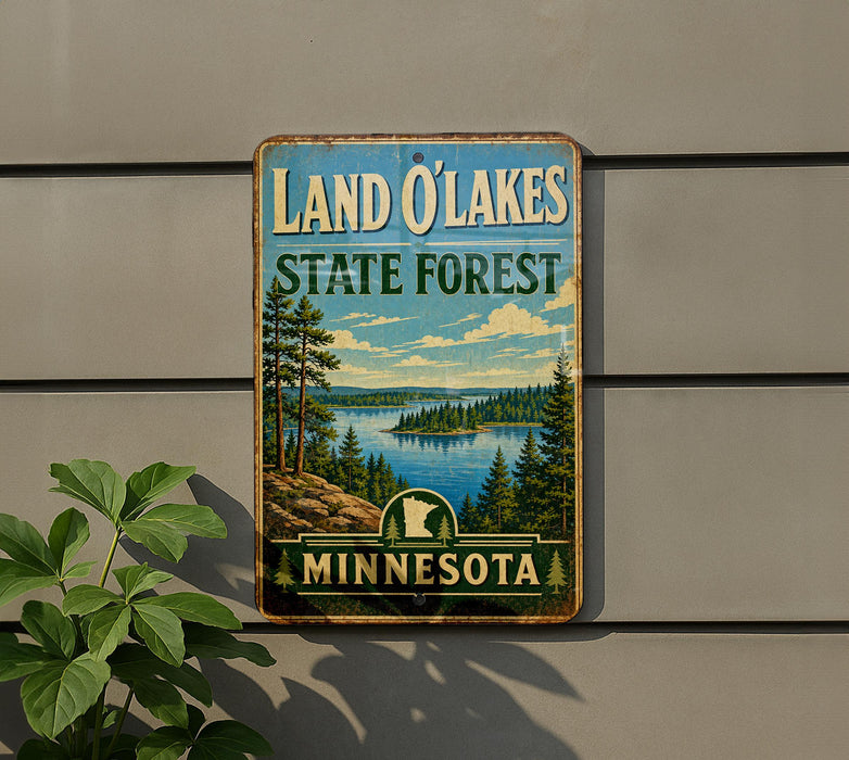 A vintage-style sign for the Land O'Lakes State Forest in Minnesota, featuring a scenic landscape with pine trees, a lake, and mountains.