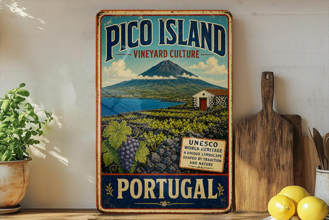 A vintage-style metal sign for Pico Island, Portugal, featuring a mountain landscape and vineyards.