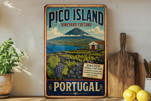 A vintage-style metal sign for Pico Island, Portugal, featuring a mountain landscape and vineyards.