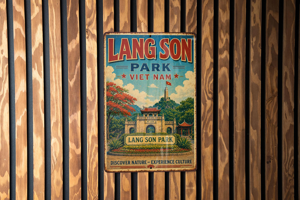 A vintage metal sign for Lang Son Park in Vietnam, featuring a colorful illustration of the park's architecture and landscape.