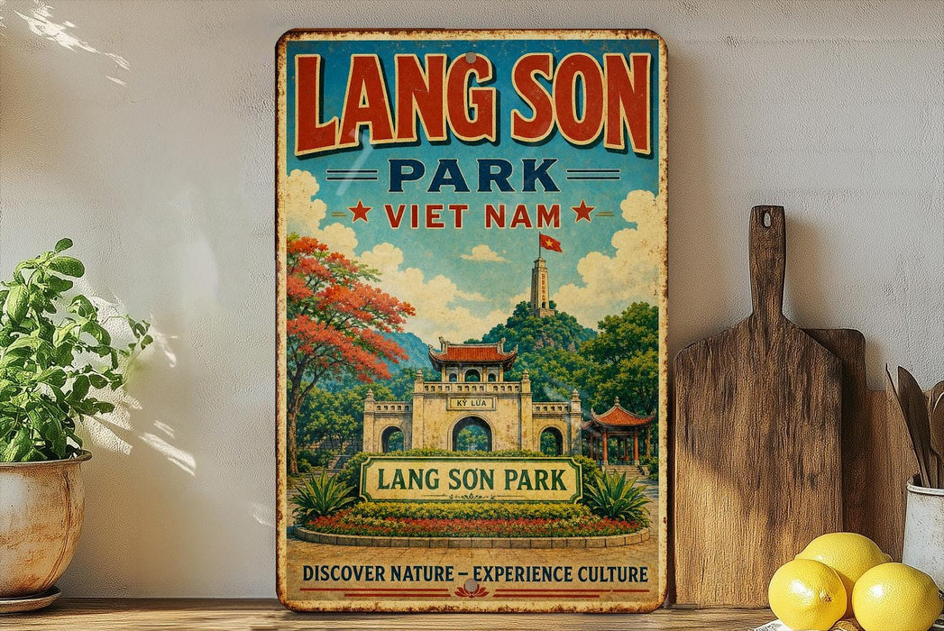 A vintage-style sign for Lang Son Park in Vietnam, featuring a colorful illustration of the park's architecture and landscape.