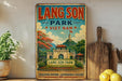 A vintage-style sign for Lang Son Park in Vietnam, featuring a colorful illustration of the park's architecture and landscape.