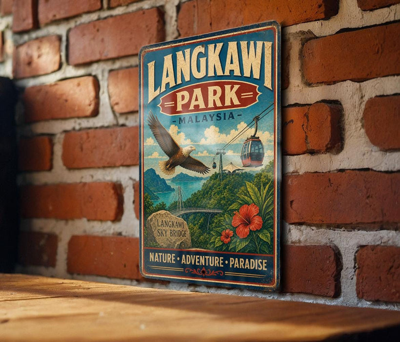 A vintage-style metal sign for Langkawi Park in Malaysia, featuring an illustration of a bird in flight, a cable car, and lush greenery.