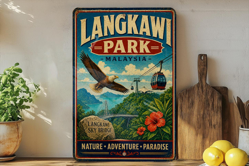A vintage-style poster of Langkawi, Malaysia, featuring an eagle in flight, a bridge, and lush greenery, with the text "LANGKAWI PARK - MALAYSIA - NATURE - ADVENTURE - PARADISE" prominently displayed.