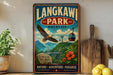 A vintage-style poster of Langkawi, Malaysia, featuring an eagle in flight, a bridge, and lush greenery, with the text "LANGKAWI PARK - MALAYSIA - NATURE - ADVENTURE - PARADISE" prominently displayed.