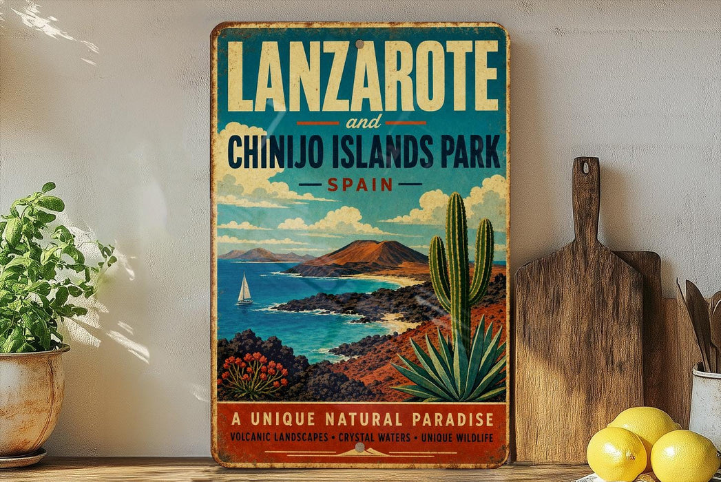 A vintage-style sign for Lanzarote and Chinjo Islands Park in Spain, featuring a scenic landscape with mountains, a sailboat, and desert plants.