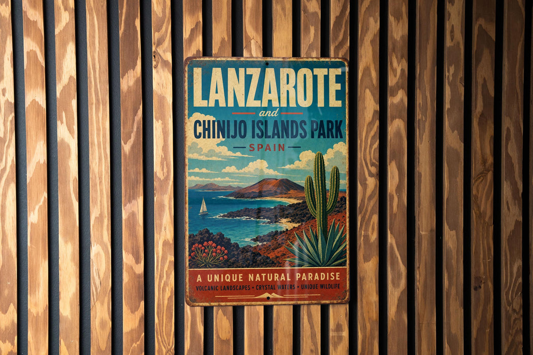 A vintage-style metal sign with a desert landscape and a cactus, mounted on a wooden wall.