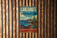 A vintage-style metal sign with a desert landscape and a cactus, mounted on a wooden wall.