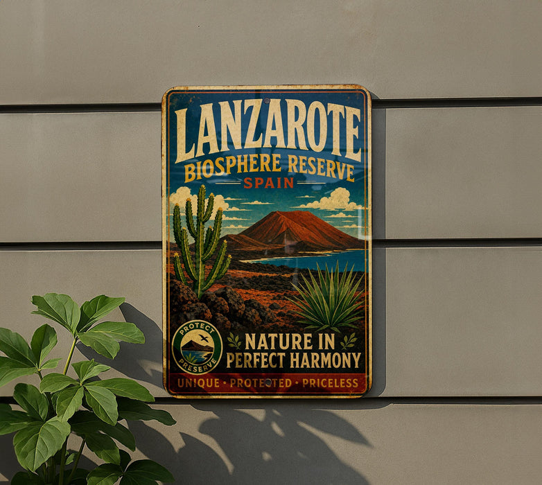 A vintage-style metal sign for Lanzarote Biosphere Reserve in Spain, featuring a desert landscape with a mountain and cacti.