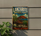 A vintage-style metal sign for Lanzarote Biosphere Reserve in Spain, featuring a desert landscape with a mountain and cacti.