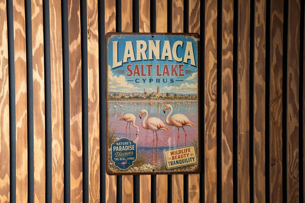 A vintage-style metal sign for Larnaca Salt Lake, Cyprus, featuring a scenic image of flamingos in the water.