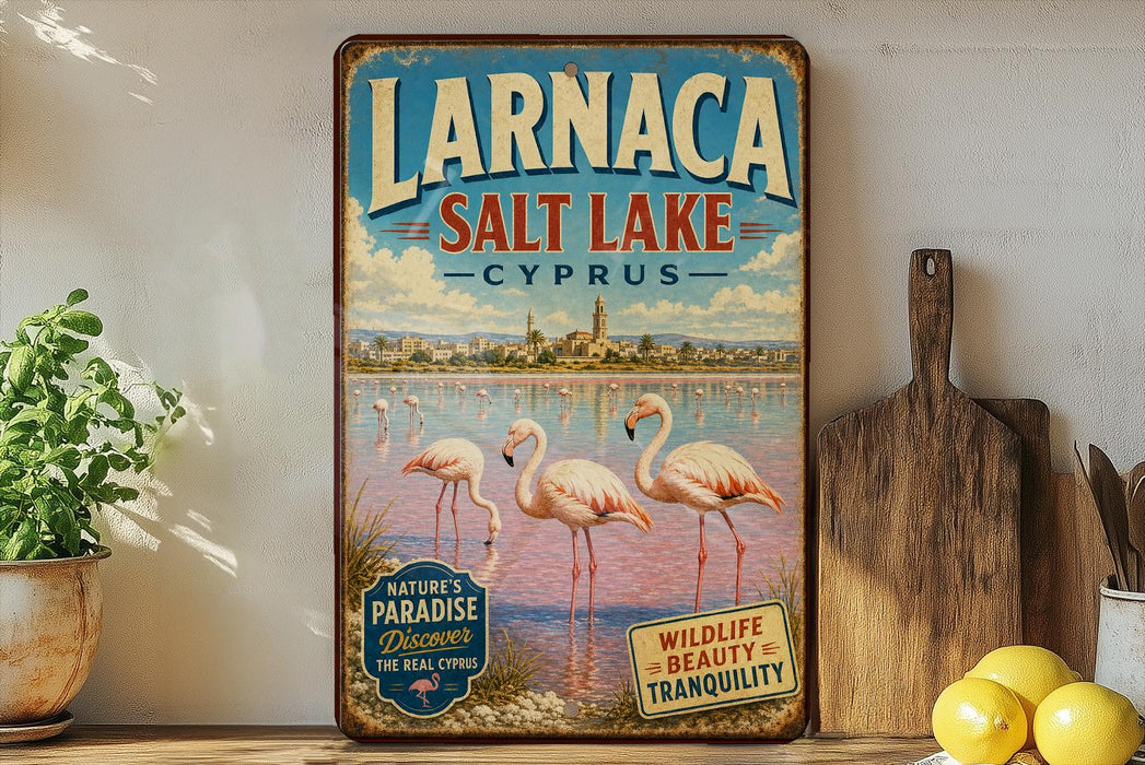 A vintage-style metal sign for Larnaca Salt Lake in Cyprus, featuring a scenic image of flamingos in the water.
