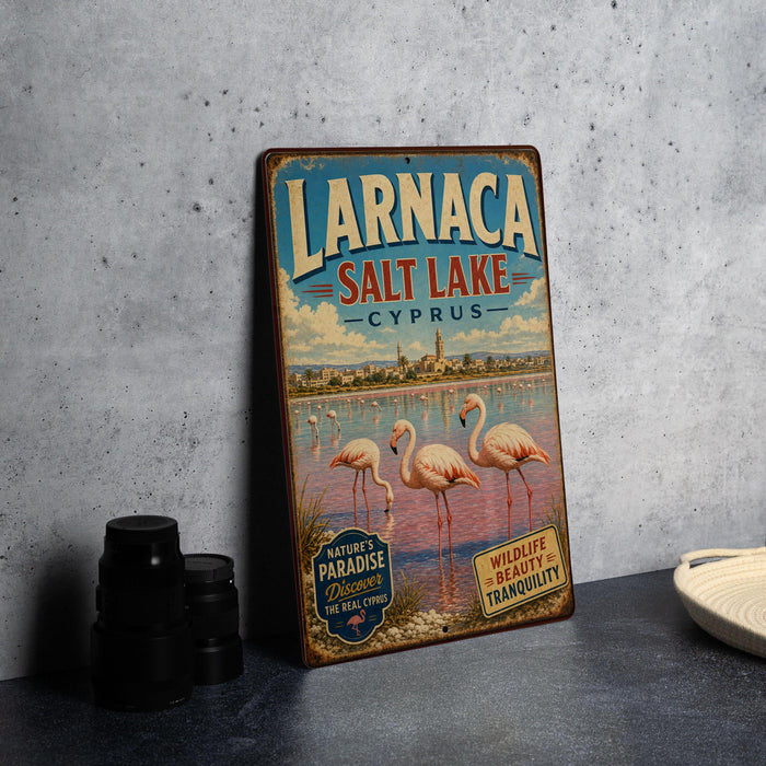 A vintage-style metal sign for Larnaca Salt Lake, Cyprus, featuring a scenic image of flamingos in the water.