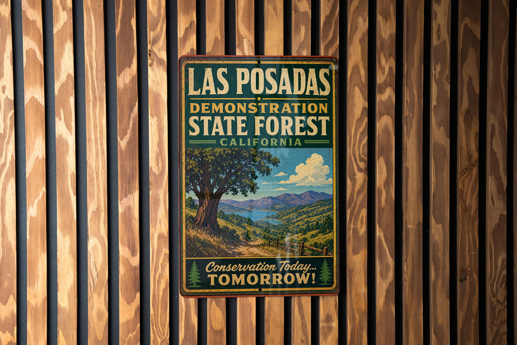 A vintage metal sign for the Las Posadas State Forest in California, featuring a scenic landscape with a large tree and mountains in the background.