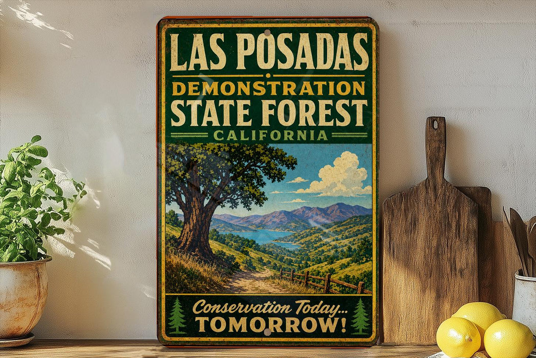 A vintage-style sign for the Las Posadas State Forest in California, featuring a scenic landscape with a tree, mountains, and a winding path.