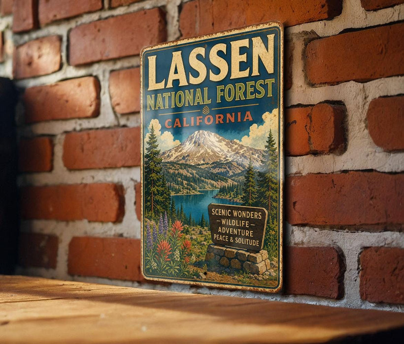 A vintage-style metal sign for the Lassen National Forest in California, featuring a scenic mountain landscape and text promoting the area's natural beauty and outdoor activities.