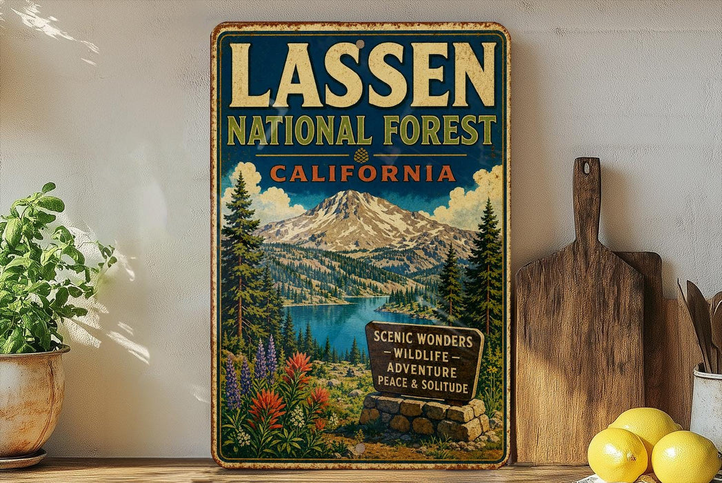A vintage-style metal sign for the Lassen National Forest in California, featuring a scenic mountain landscape with a lake and pine trees.