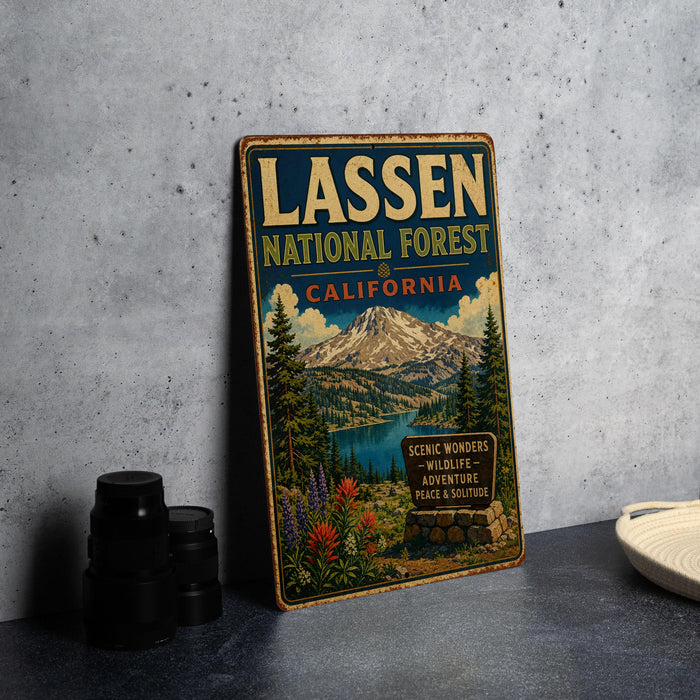 A vintage-style metal sign for the Lassen National Forest in California, featuring a scenic mountain landscape and text promoting the area as a destination for scenic wonders, wildlife, adventure, peace, and solitude.