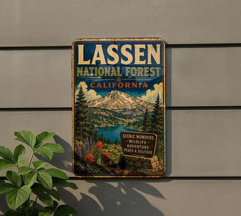 A vintage-style metal sign for the Lassen National Forest in California, featuring a scenic mountain landscape with pine trees, a lake, and wildflowers.