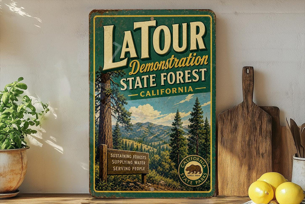 A vintage-style metal sign for Latour State Forest, California, featuring a scenic image of a forest and mountains.