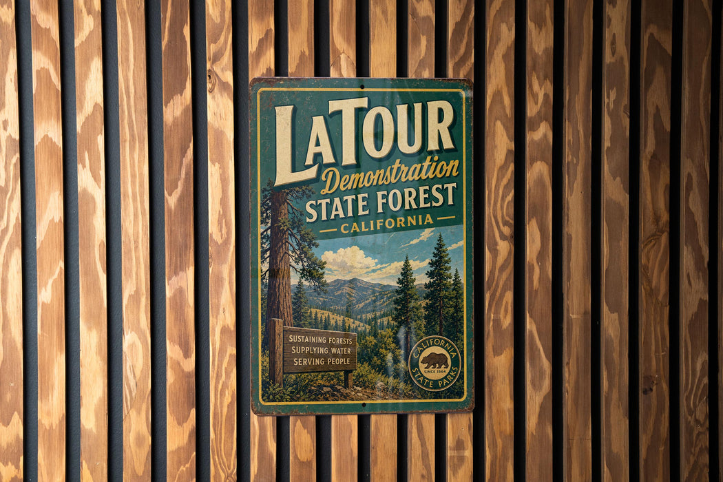 A vintage metal sign for Latour State Forest in California, featuring a scenic illustration of the forest and mountains.