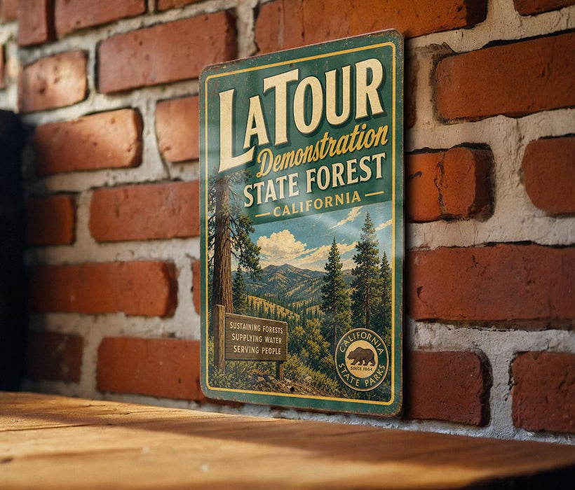 A vintage-style metal sign for Latour Demonstration State Forest in California, featuring a scenic image of the forest and mountains.