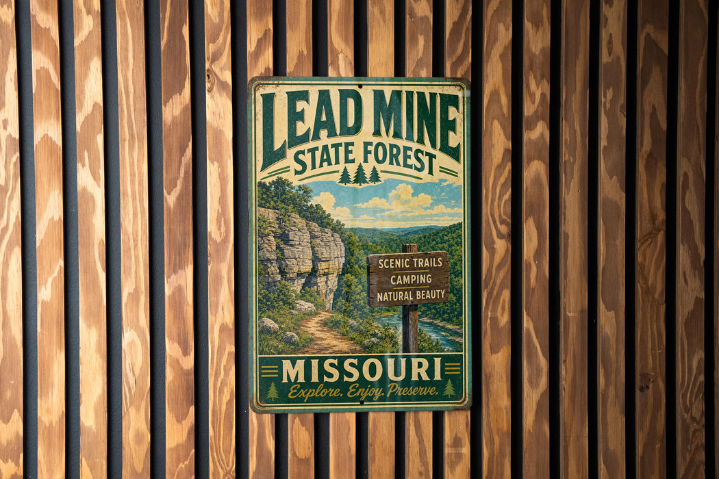 A vintage metal sign for the Lead Mine State Forest in Missouri, featuring a scenic mountain landscape and trail information.