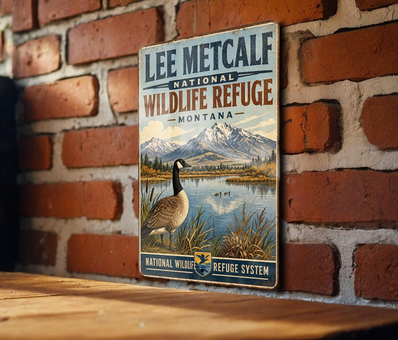 A vintage-style sign for the Lee Metcalf National Wildlife Refuge in Montana, featuring a goose and a mountain landscape.