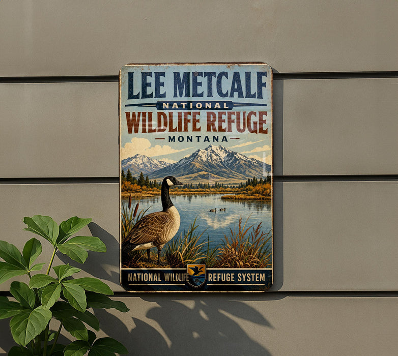 A vintage-style metal sign for the Lee Metcalf National Wildlife Refuge in Montana, featuring a goose standing on a grassy bank with a mountain in the background.