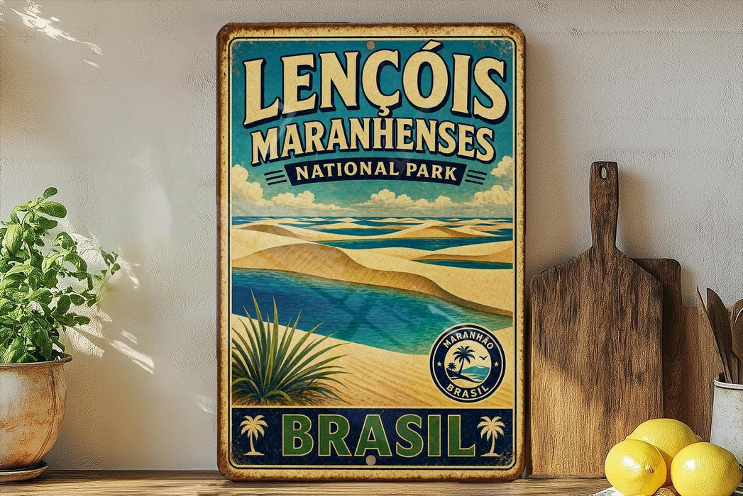A vintage-style sign for Lencois Maranhenses National Park in Brazil, featuring a beach scene with palm trees and a blue sky.