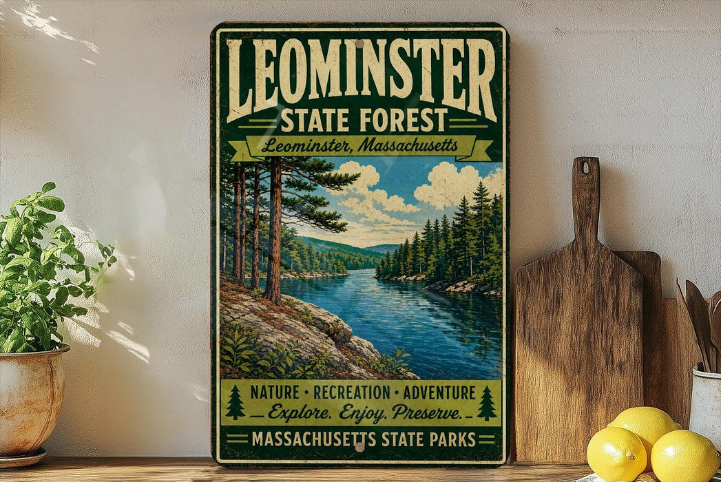 A vintage-style metal sign for Leominster State Forest in Massachusetts, featuring a scenic image of a forest and a lake.