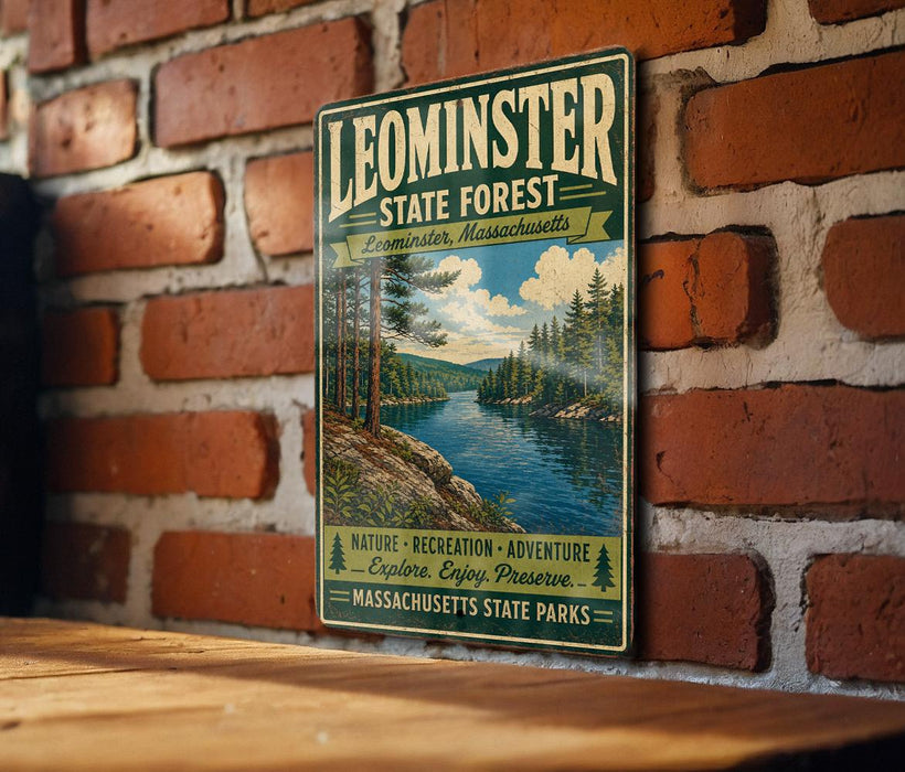 A vintage-style metal sign for Leominster State Forest, Massachusetts, featuring a scenic landscape with a river and pine trees.