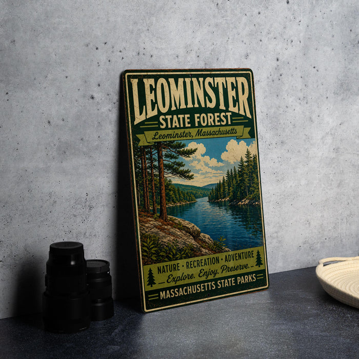 A vintage-style metal sign for Leominster State Forest in Massachusetts, featuring a scenic illustration of a forest and a river.