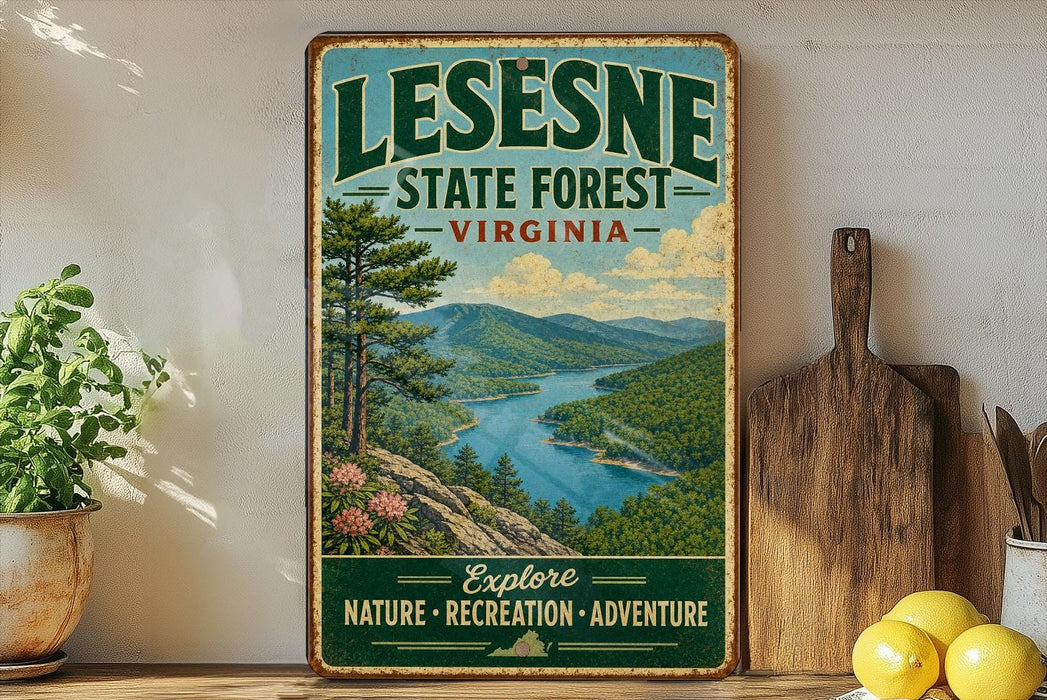 A vintage-style metal sign for LESNESE STATE FOREST, Virginia, featuring a scenic mountain landscape with a river and pine trees.