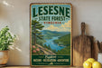 A vintage-style metal sign for LESNESE STATE FOREST, Virginia, featuring a scenic mountain landscape with a river and pine trees.