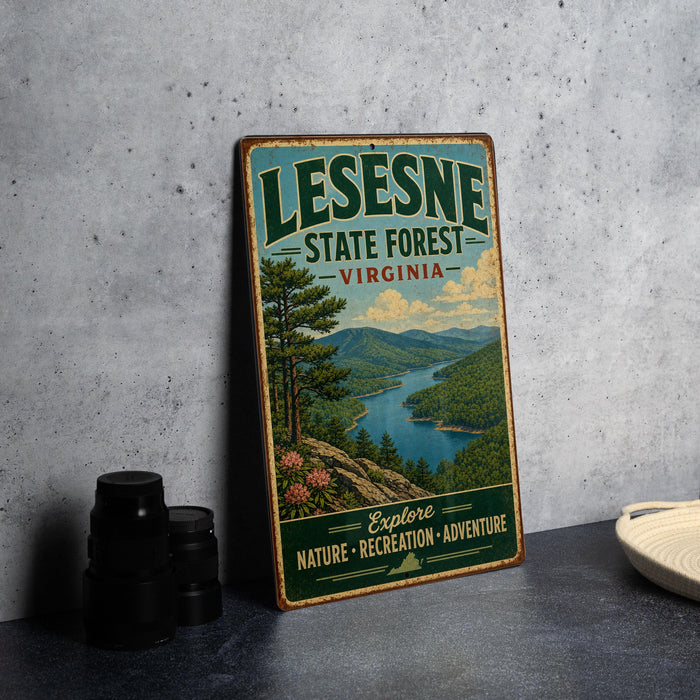 A vintage-style metal sign for LESNESE STATE FOREST, Virginia, featuring a scenic landscape with a river and mountains.