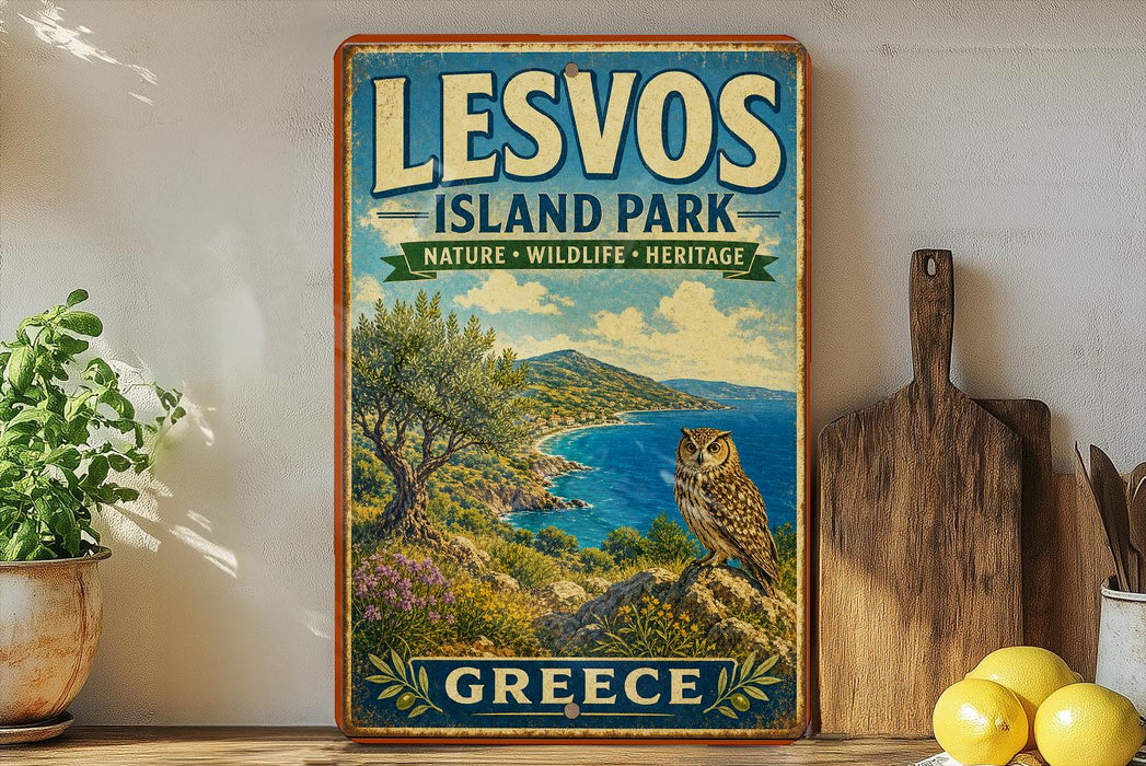 A vintage-style poster advertising LESVOS ISLAND PARK in Greece, featuring a scenic landscape with a bird perched on a cliff overlooking the sea.