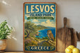 A vintage-style poster advertising LESVOS ISLAND PARK in Greece, featuring a scenic landscape with a bird perched on a cliff overlooking the sea.