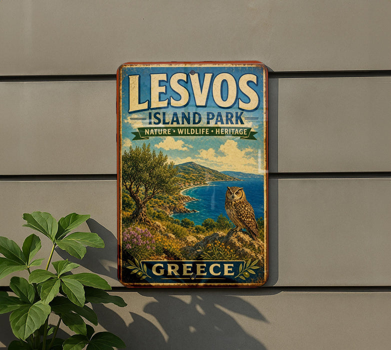 A vintage-style metal sign for "Lesvos Island Park" in Greece, featuring an owl perched on a cliff overlooking the sea.