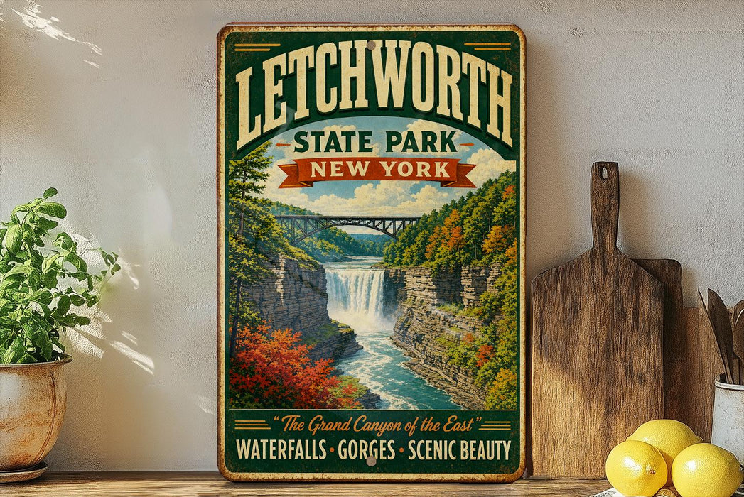 A vintage-style sign for Litchworth State Park, New York, featuring a scenic waterfall and lush greenery.