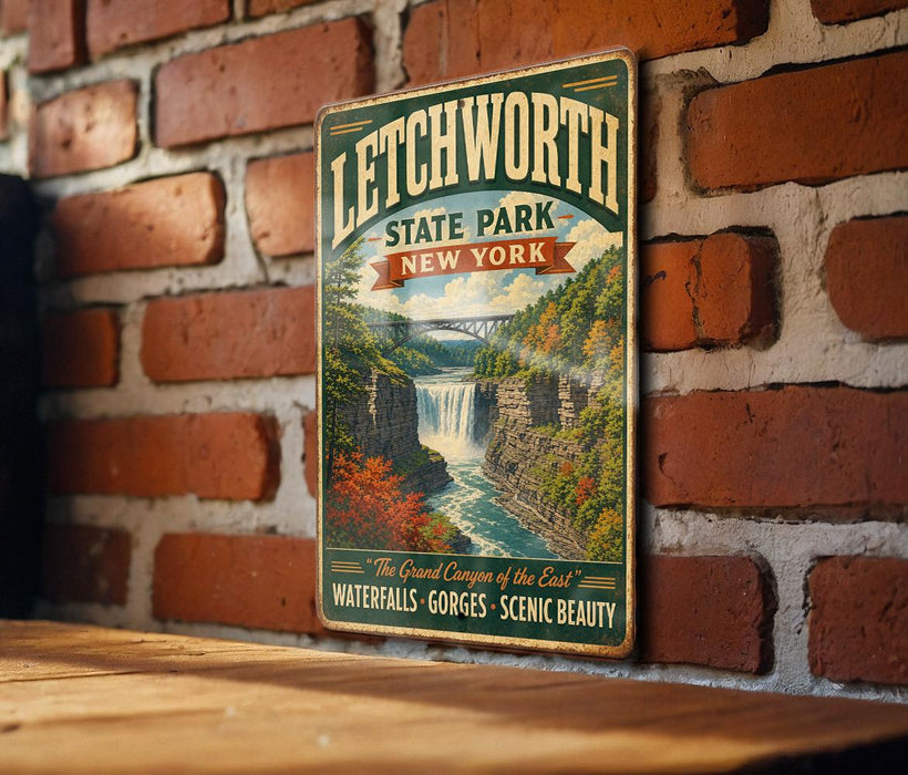 A vintage-style metal sign for Litchworth State Park in New York, featuring a scenic waterfall and lush greenery.