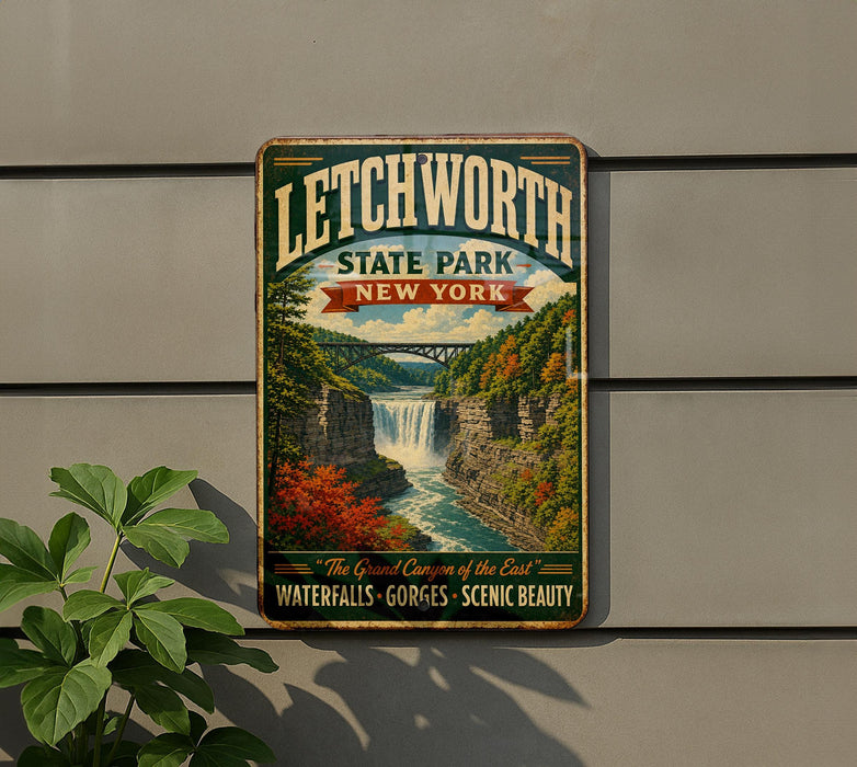 A vintage-style sign for Litchworth State Park in New York, featuring a scenic waterfall and lush greenery.