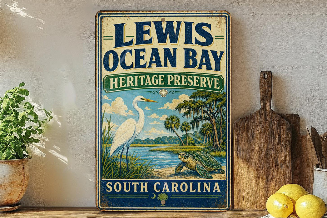 A vintage-style metal sign for the Lewis Ocean Bay Heritage Preserve in South Carolina, featuring an illustration of a white egret and a turtle in a tropical setting.