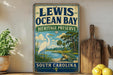 A vintage-style metal sign for the Lewis Ocean Bay Heritage Preserve in South Carolina, featuring an illustration of a white egret and a turtle in a tropical setting.